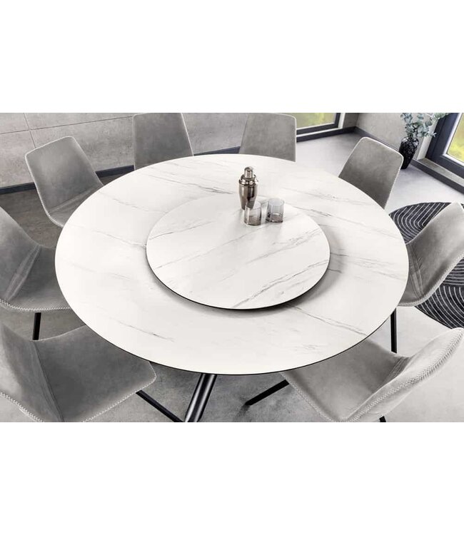 Invicta Interior Ronde eettafel SPIN 150cm wit keramiek marmer design zwart metalen poten met draaibaar blad - 44225