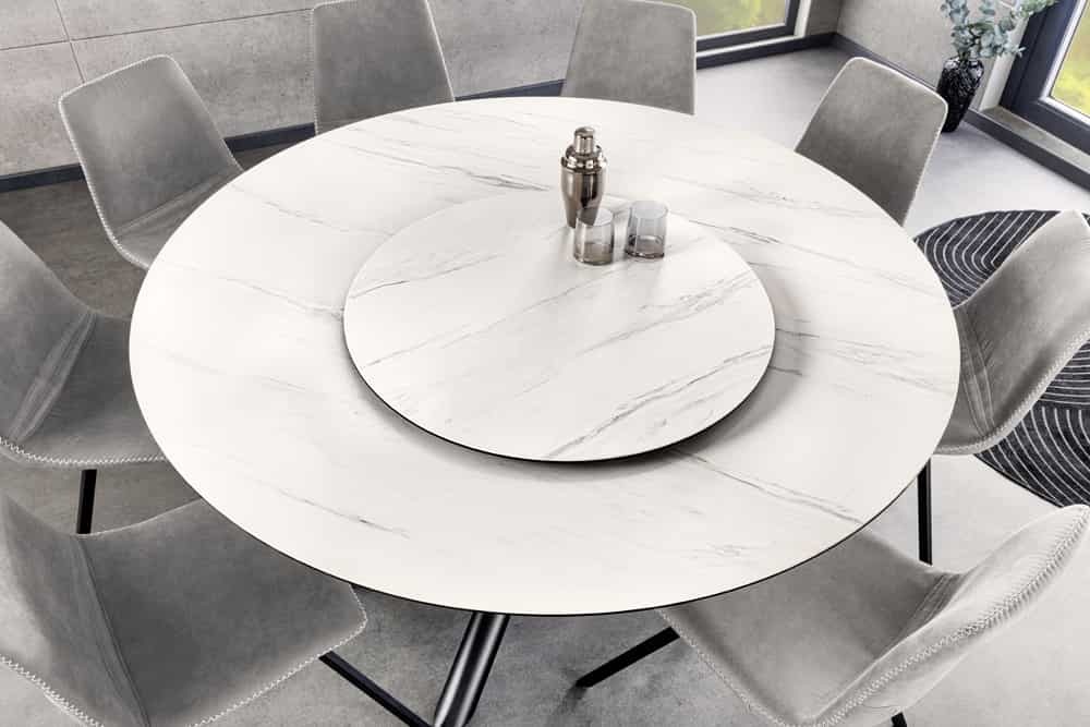 Ronde eettafel SPIN 150cm wit keramiek marmer design zwart metalen poten met draaibaar blad - 44225