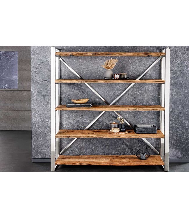 Invicta Interior Massief houten plank BARRACUDA 185cm bruin teakhout zilver roestvrij staal verchroomde boekenkast - 43616