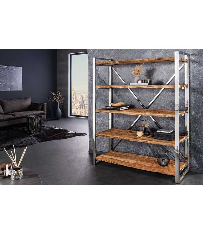 Invicta Interior Massief houten plank BARRACUDA 185cm bruin teakhout zilver roestvrij staal verchroomde boekenkast - 43616