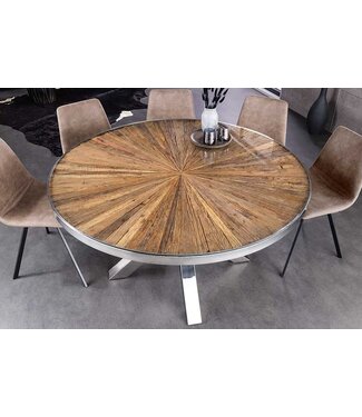 Invicta Interior Ronde eettafel BARRACUDA 140cm bruin teak massief hout glas zilver roestvrij staal verchroomd - 43623