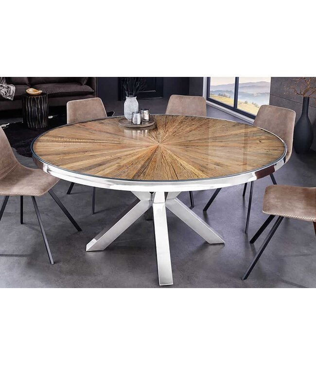 Invicta Interior Ronde eettafel BARRACUDA 140cm bruin teakhout massief hout glas zilver RVS verchroomd - 43623