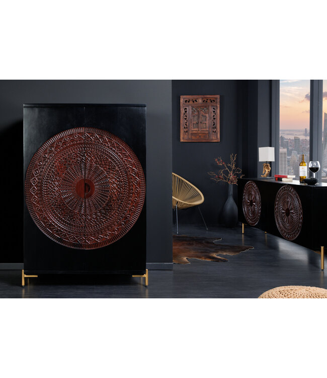 Invicta Interior Massieve XXL barkast MANDALA 140 cm mangohout zwart goud metalen frame snijwerk - 41106