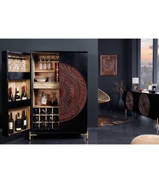 Invicta Interior Massieve XXL barkast MANDALA 140 cm mangohout zwart goud metalen frame snijwerk - 41106