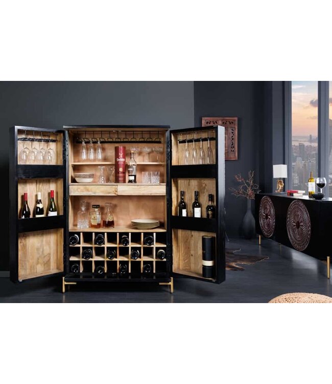 Invicta Interior Massieve XXL barkast MANDALA 140 cm mangohout zwart goud metalen frame snijwerk - 41106