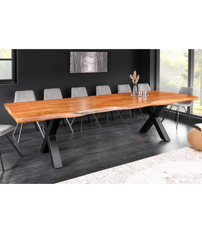 Invicta Interior Massief houten eettafel MAMMUT 300 cm Acacia X-Frame zwart metalen boomrand 6 cm tafelblad - 43782