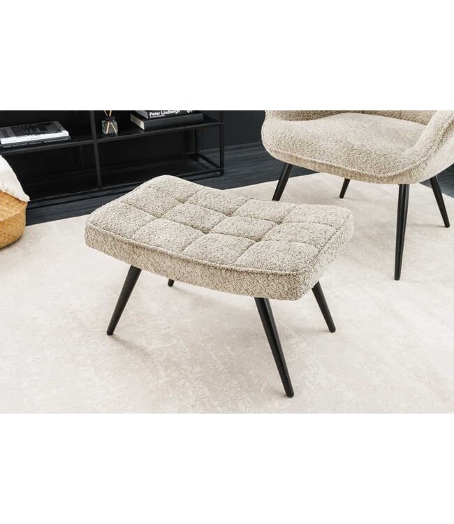 Invicta Interior Moderne kruk SCANDINAVIA champagne greige bouclé zwarte metalen poten voetenbank - 44028