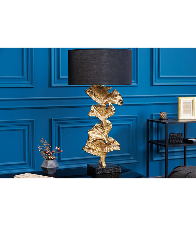 Invicta Interior Design tafellamp GINKGO 70cm zwarte stoffen kap gouden metalen handgemaakte marmeren voet - 41694