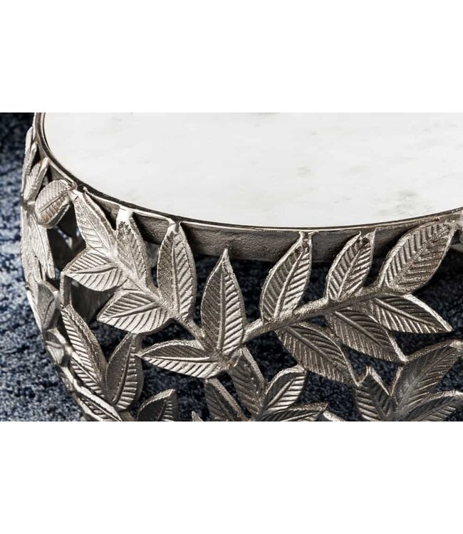 Invicta Interior Ronde set van 2 salontafels ABSTRACT LEAF 70cm Wit Zilver Marmer Metalen Blad Design - 43817