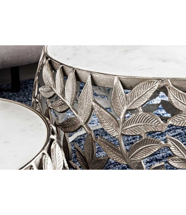 Invicta Interior Ronde set van 2 salontafels ABSTRACT LEAF 70cm Wit Zilver Marmer Metalen Blad Design - 43817