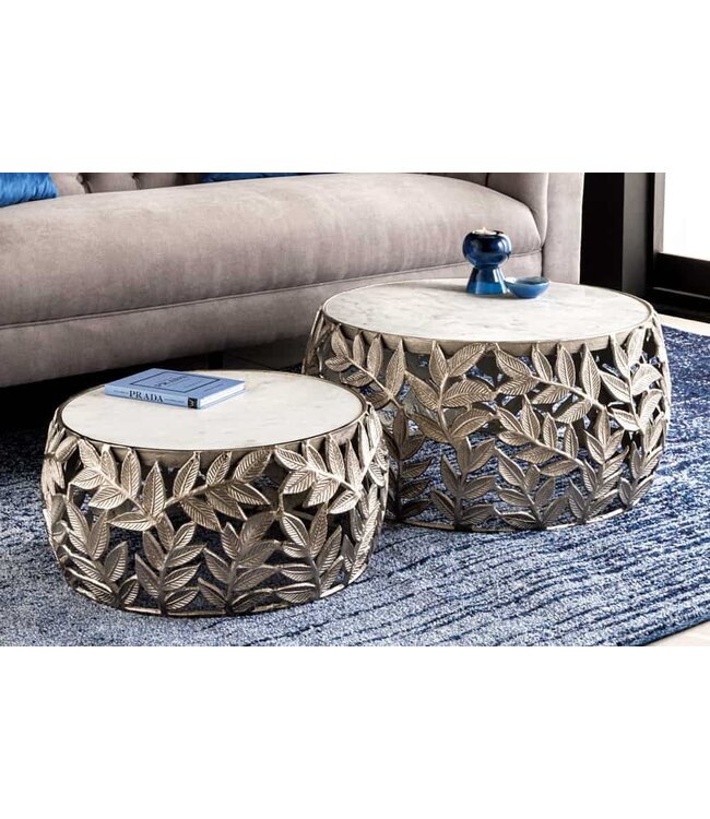 Invicta Interior Ronde set van 2 salontafels ABSTRACT LEAF 70cm Wit Zilver Marmer Metalen Blad Design - 43817