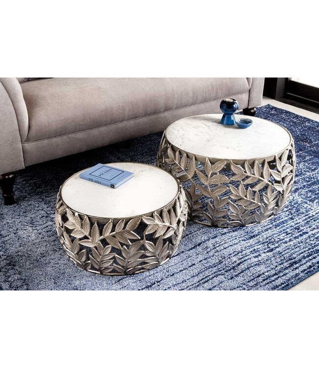 Invicta Interior Ronde set van 2 salontafels ABSTRACT LEAF 70cm Wit Zilver Marmer Metalen Blad Design - 43817