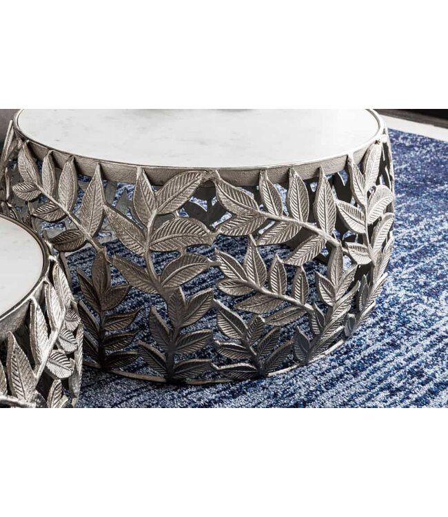 Invicta Interior Ronde set van 2 salontafels ABSTRACT LEAF 70cm Wit Zilver Marmer Metalen Blad Design - 43817