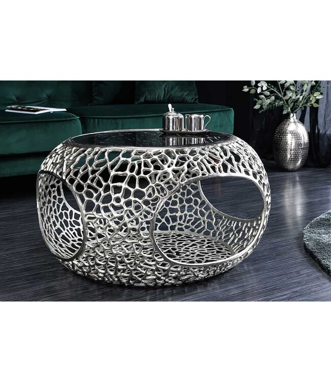 Invicta Interior Ronde salontafel SPIN 75cm zilver zwart glas metaal met opbergvak handgemaakt - 44147