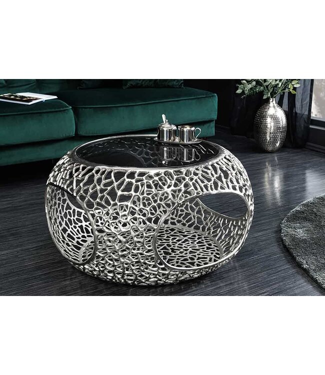 Invicta Interior Ronde salontafel SPIN 75cm zilver zwart glas metaal met opbergvak handgemaakt - 44147