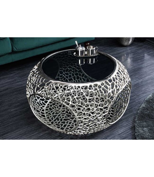 Invicta Interior Ronde salontafel SPIN 75cm zilver zwart glas metaal met opbergvak handgemaakt - 44147