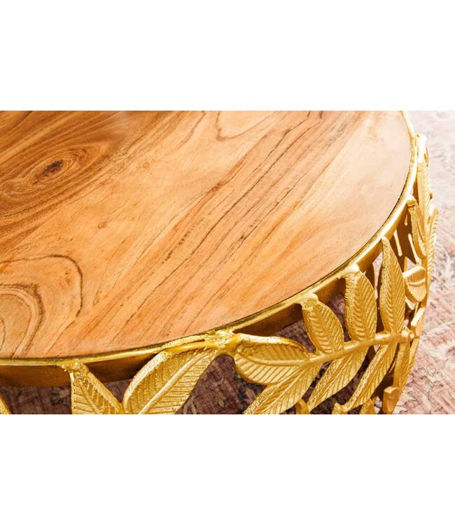 Invicta Interior Ronde set van 2 salontafels ABSTRACT LEAF 70cm Natuurlijk Goud Massief Hout Acacia Metalen Blad Design - 43818