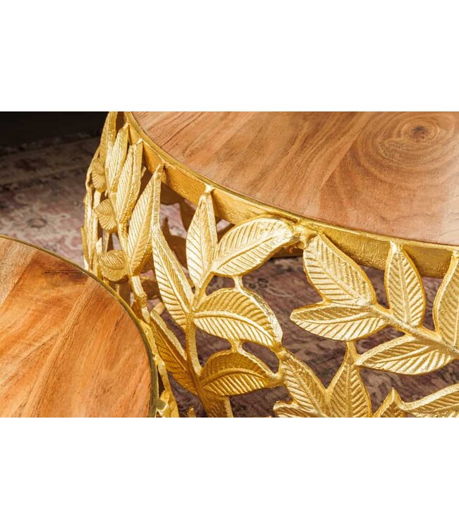 Invicta Interior Ronde set van 2 salontafels ABSTRACT LEAF 70cm Natuurlijk Goud Massief Hout Acacia Metalen Blad Design - 43818