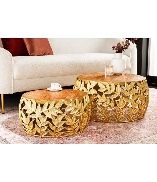 Invicta Interior Ronde set van 2 salontafels ABSTRACT LEAF 70cm Natuurlijk Goud Massief Hout Acacia Metalen Blad Design - 43818