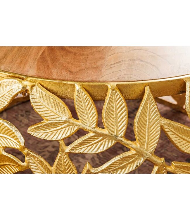 Invicta Interior Ronde set van 2 salontafels ABSTRACT LEAF 70cm Natuurlijk Goud Massief Hout Acacia Metalen Blad Design - 43818