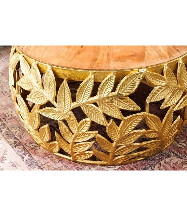 Invicta Interior Ronde set van 2 salontafels ABSTRACT LEAF 70cm Natuurlijk Goud Massief Hout Acacia Metalen Blad Design - 43818