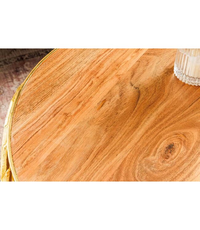 Invicta Interior Ronde set van 2 salontafels ABSTRACT LEAF 70cm Natuurlijk Goud Massief Hout Acacia Metalen Blad Design - 43818