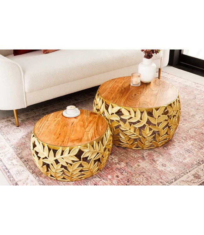 Invicta Interior Ronde set van 2 salontafels ABSTRACT LEAF 70cm Natuurlijk Goud Massief Hout Acacia Metalen Blad Design - 43818