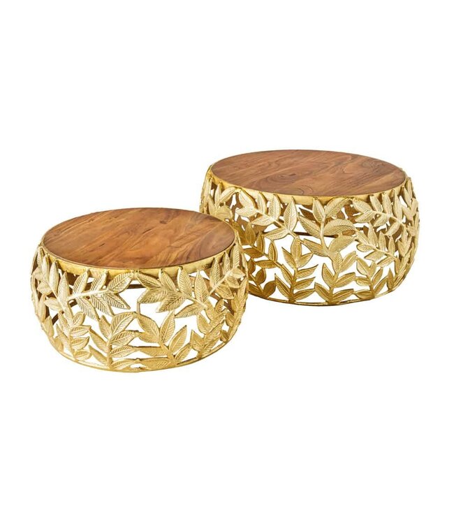 Invicta Interior Ronde set van 2 salontafels ABSTRACT LEAF 70cm Natuurlijk Goud Massief Hout Acacia Metalen Blad Design - 43818