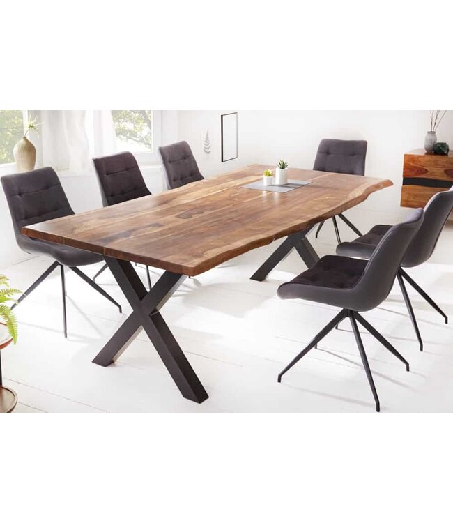 Invicta Interior Massief houten eettafel met boomrand AMAZONAS 200 cm bruin sheesham zwart metalen frame - 6041063