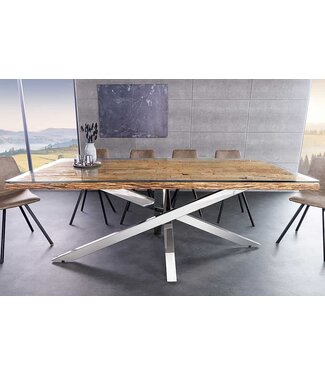 Invicta Interior Massief houten eettafel BARRACUDA 220cm bruin teak zilver roestvrij staal verchroomd glazen blad - 43625