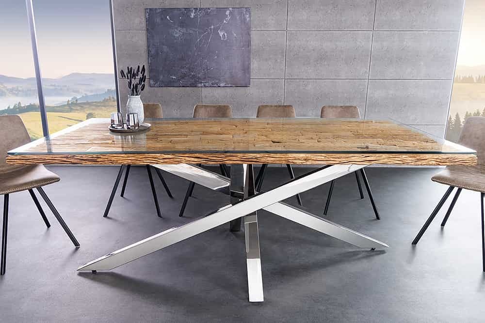 Massief houten eettafel BARRACUDA 220cm bruin teak zilver roestvrij staal verchroomd glazen blad - 43625