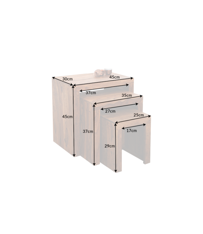 Invicta Interior Set van 3 massief houten bijzettafels MAKASSAR 45cm Sheesham steenafwerking unieke korrel - 20596