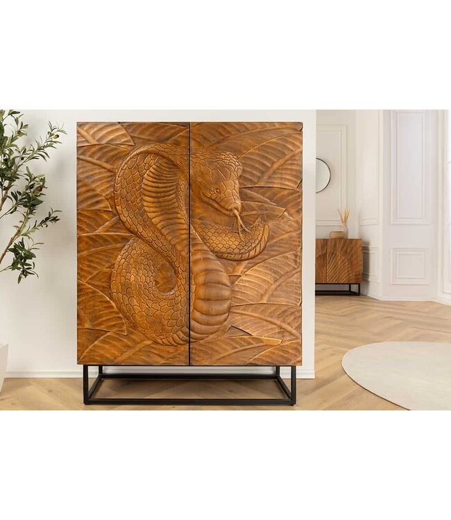 Invicta Interior Massief Highboard SNAKE 120cm Bruin Zwart Mango Hout Slang Ontwerp met Uitgebreide 3D Gravures - 45634