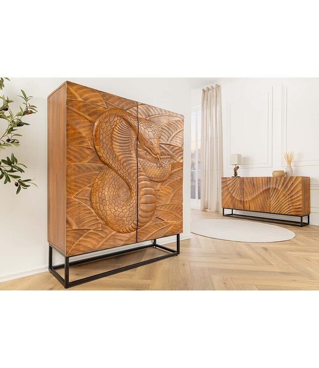 Invicta Interior Massief Highboard SNAKE 120cm Bruin Zwart Mango Hout Slang Ontwerp met Uitgebreide 3D Gravures - 45634