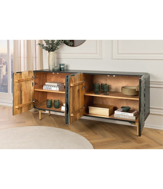 Invicta Interior Design Dressoir WAVE 160cm turquoise mangohout massief hout mat goud metalen poten - 45635