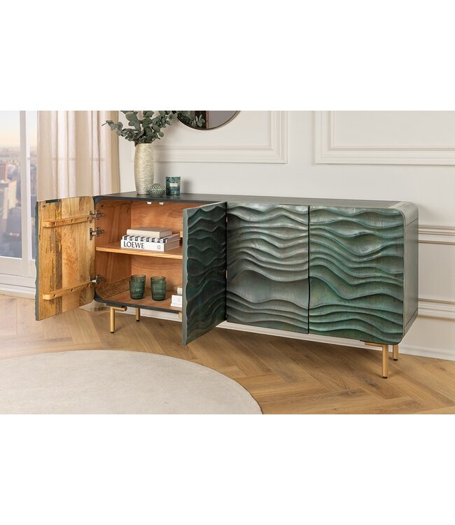 Invicta Interior Design Dressoir WAVE 160cm turquoise mangohout massief hout mat goud metalen poten - 45635