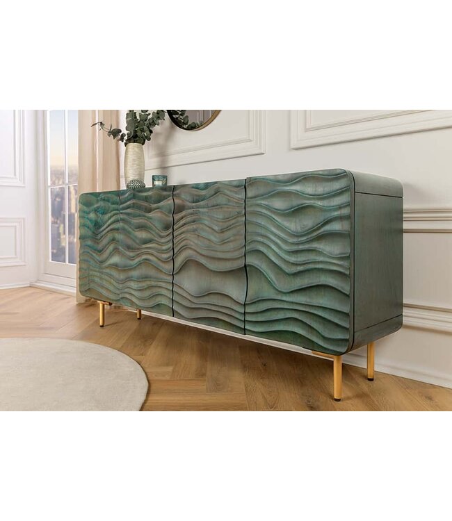 Invicta Interior Design Dressoir WAVE 160cm turquoise mangohout massief hout mat goud metalen poten - 45635