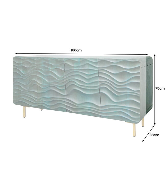 Invicta Interior Design Dressoir WAVE 160cm turquoise mangohout massief hout mat goud metalen poten - 45635