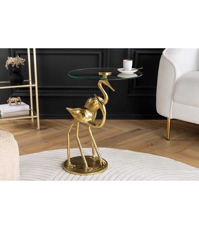 Invicta Interior Ronde bijzettafel WILDLIFE CRANE 55cm goud glazen kraan sculptuur handgemaakt - 44832