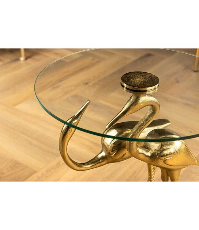 Invicta Interior Ronde bijzettafel WILDLIFE CRANE 55cm goud glazen kraan sculptuur handgemaakt - 44832