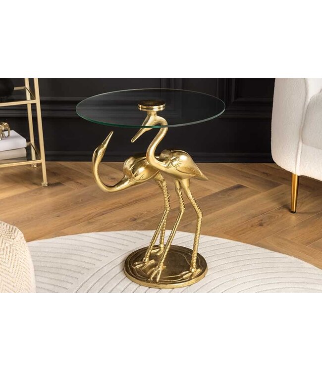 Invicta Interior Ronde bijzettafel WILDLIFE CRANE 55cm goud glazen kraan sculptuur handgemaakt - 44832