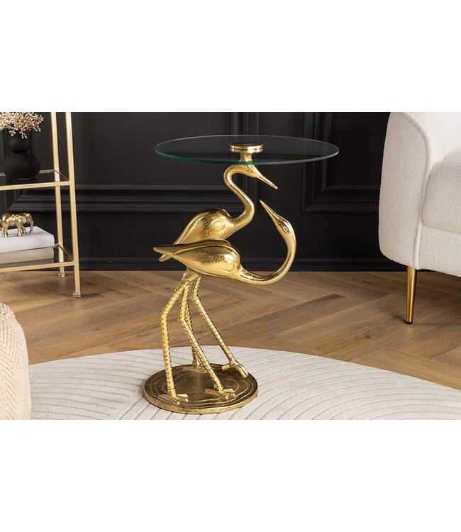 Invicta Interior Ronde bijzettafel WILDLIFE CRANE 55cm goud glazen kraan sculptuur handgemaakt - 44832