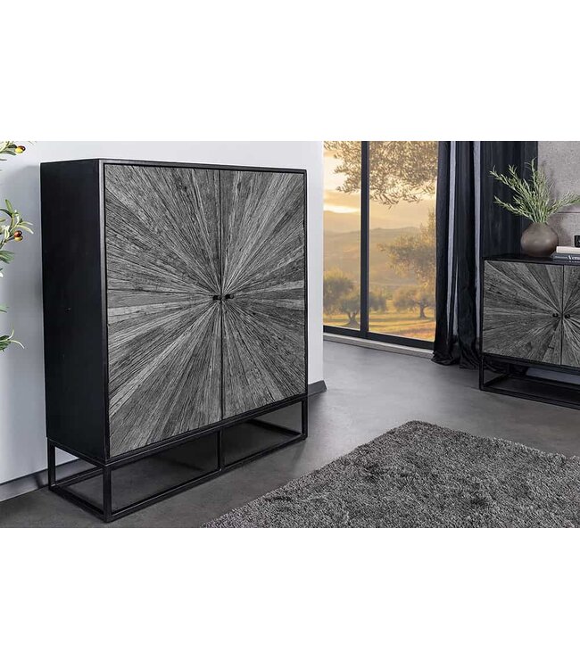 Invicta Interior Massief dressoir BARRACUDA 120cm Grijs Mangohout met Teakhouten Voorkant Zwart Metaal - 44988