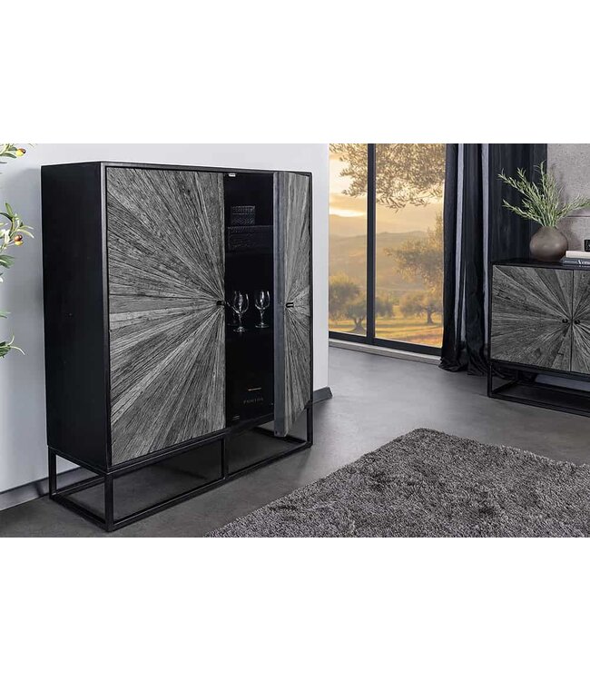 Invicta Interior Massief dressoir BARRACUDA 120cm Grijs Mangohout met Teakhouten Voorkant Zwart Metaal - 44988