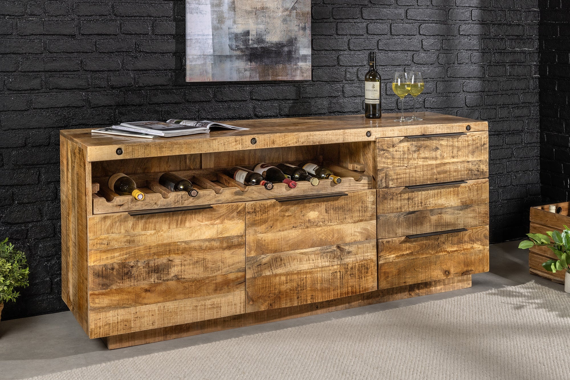 Massief dressoir IRON CRAFT 175 cm naturel mangohout met lades wijnrek - 44184 afbeelding