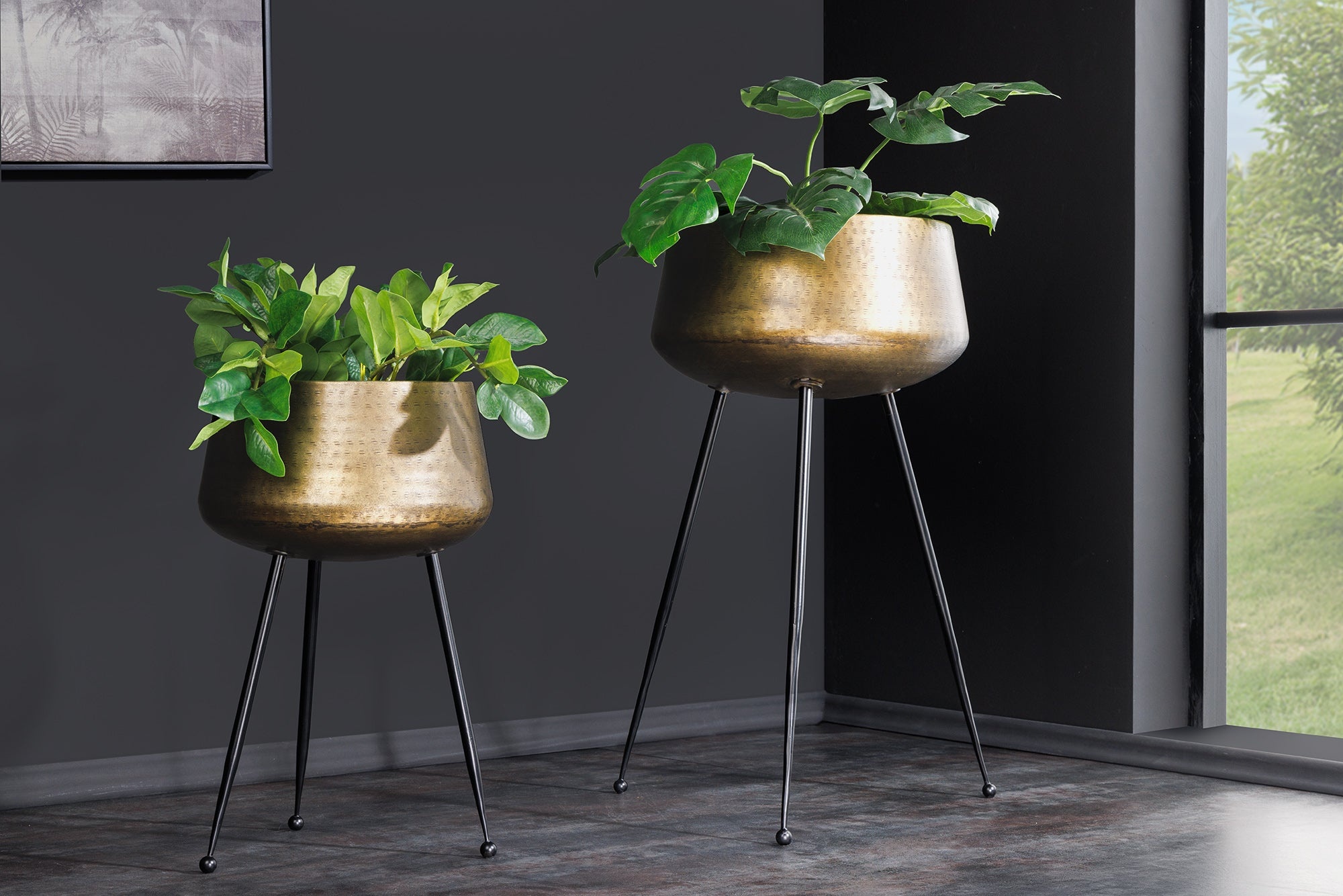Set van 2 Bloempot FLOWERS 65cm messing goud zwart gehamerd design - 44860 afbeelding
