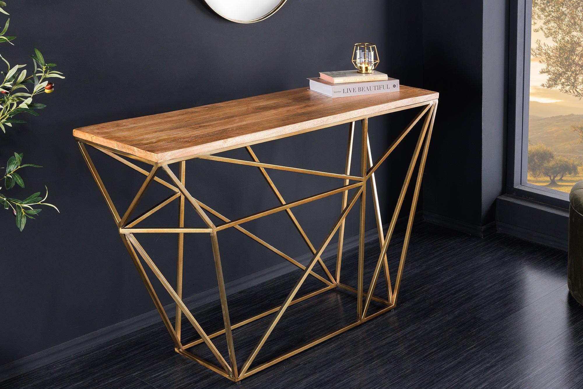 Abstracte wandtafel DIAMOND 120 cm naturel messing mango hout metalen frame - 43952 afbeelding