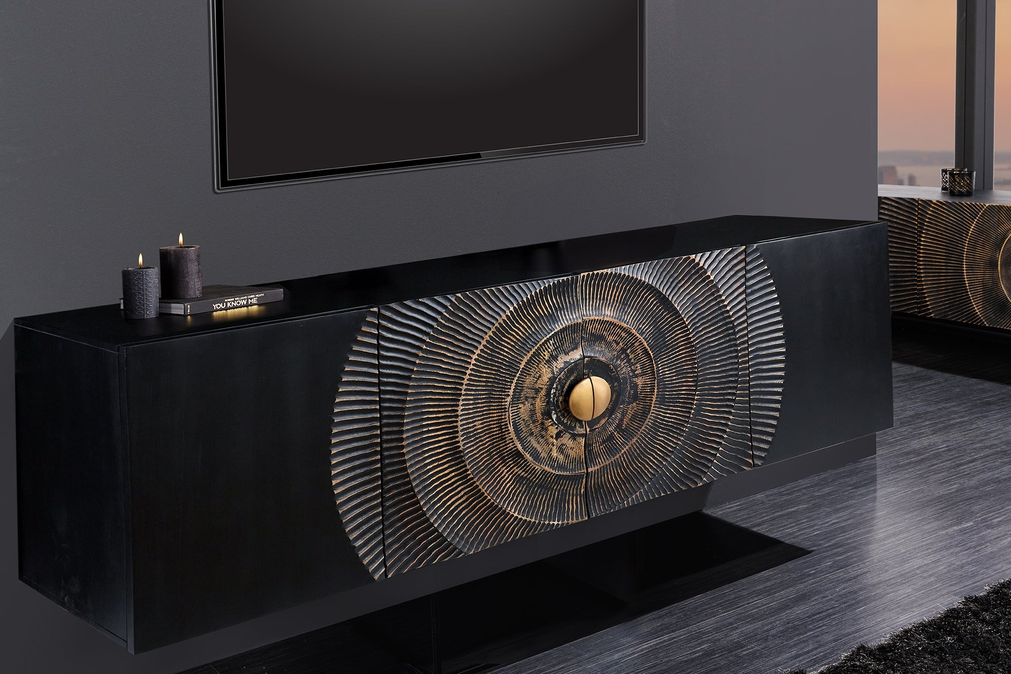 Hangend dressoir GOLDEN SUNSET 180cm zwart met 3D houtsnijwerk goud massief mango hout handgemaakt - 44525 afbeelding