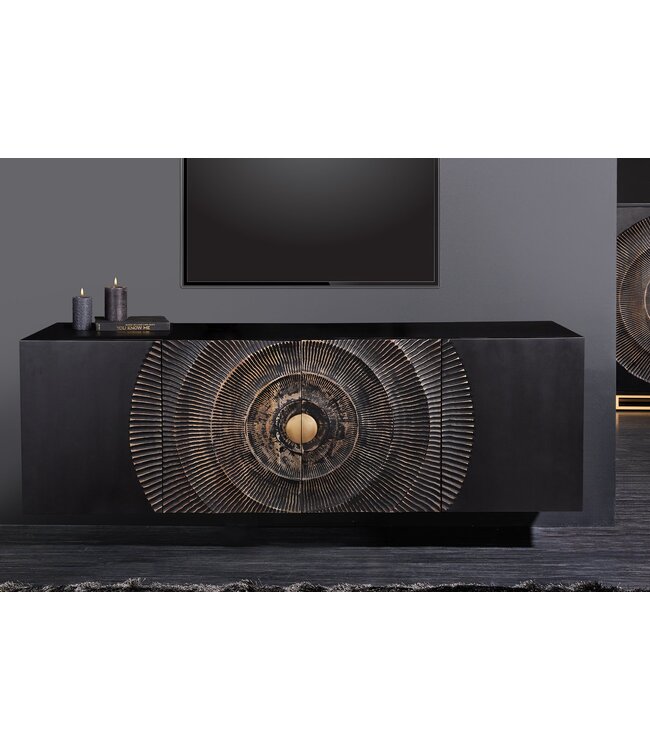 Invicta Interior Hangend dressoir GOLDEN SUNSET 180cm zwart met 3D houtsnijwerk goud massief mango hout handgemaakt - 44525