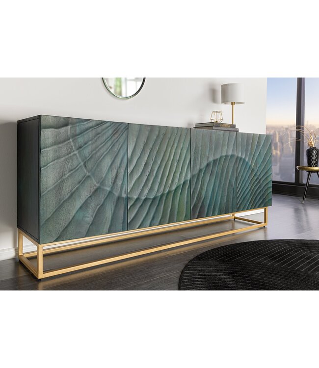 Invicta Interior Massief dressoir SCORPION 180cm turquoise mangohout goud metaal 3D houtsnijwerk - 45644